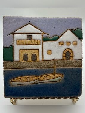 Hand Painted VTG Ceramic Tile Art Mediterranean Seaside Village Boats Signed 4x4